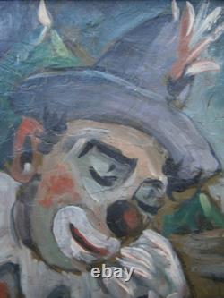 Oil painting on panel, 1958, circus clown decor, carved wooden frame, 2F