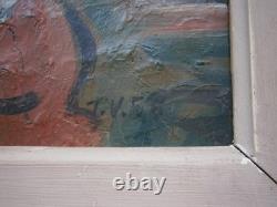 Oil painting on panel, 1958, circus clown decor, carved wooden frame, 2F