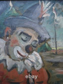 Oil painting on panel, 1958, circus clown decor, carved wooden frame, 2F
