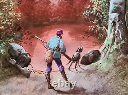 Oil painting on porcelain panel Hunter dog pond & woods Barbizon style