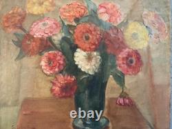 Oil painting on wood, 1940, Giuseppe Sebasti, still life with a bouquet of flowers