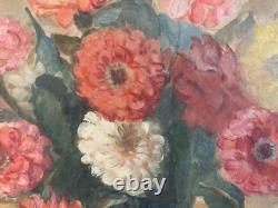 Oil painting on wood, 1940, Giuseppe Sebasti, still life with a bouquet of flowers