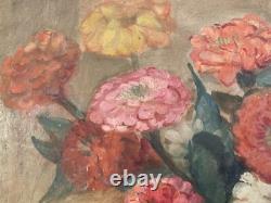Oil painting on wood, 1940, Giuseppe Sebasti, still life with a bouquet of flowers