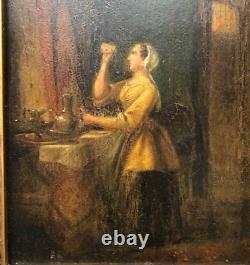 Oil painting on wood 19th century maid woman life scene