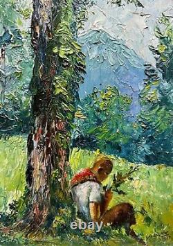 Oil painting on wood Table A. Lignier 1939 Under the tree