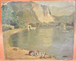 Oil painting on wood early 20th century Lake Coast Mountain E. Mather