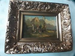 Oil painting on wood farm scene with chickens