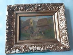 Oil painting on wood, farm scene with chickens