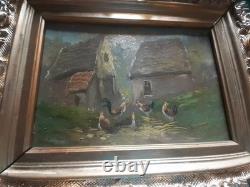 Oil painting on wood, farm scene with chickens