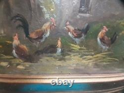 Oil painting on wood, farm scene with chickens