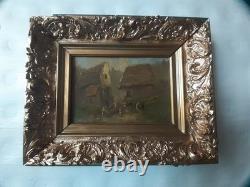 Oil painting on wood, farm scene with chickens