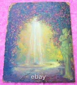 Oil painting on wood of garden and waterfall signed by Albert Lorieux 19th century