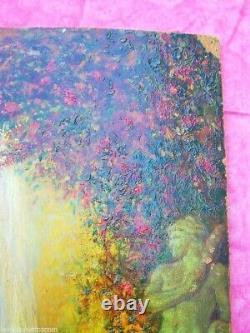 Oil painting on wood of garden and waterfall signed by Albert Lorieux 19th century