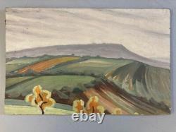 Oil painting on wood panel, 1950, post-impressionist landscape, ancient tree art