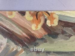 Oil painting on wood panel, 1950, post-impressionist landscape, ancient tree art