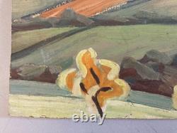Oil painting on wood panel, 1950, post-impressionist landscape, old tree art