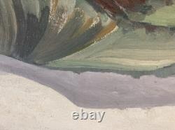 Oil painting on wood panel, 1950, post-impressionist landscape, old tree art