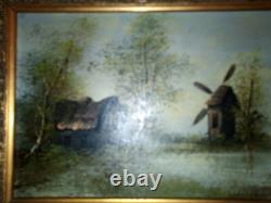 Oil painting on wood panel, country house with a mill, signed Léry