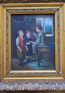 Oil painting on wood panel framed, scene of a group of 3 children