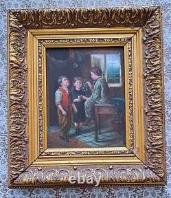 Oil painting on wood panel framed, scene of a group of 3 children