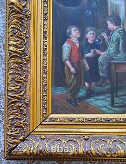 Oil painting on wood panel framed, scene of a group of 3 children