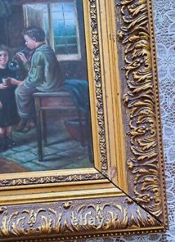 Oil painting on wood panel framed, scene of a group of 3 children