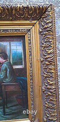 Oil painting on wood panel framed, scene of a group of 3 children