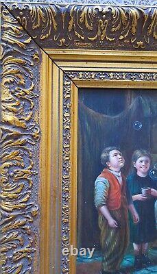 Oil painting on wood panel framed, scene of a group of 3 children