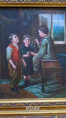 Oil painting on wood panel framed, scene of a group of 3 children