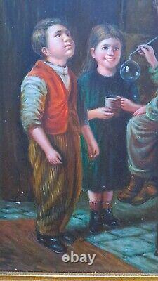 Oil painting on wood panel framed, scene of a group of 3 children