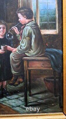 Oil painting on wood panel framed, scene of a group of 3 children