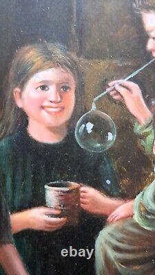 Oil painting on wood panel framed, scene of a group of 3 children