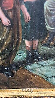 Oil painting on wood panel framed, scene of a group of 3 children