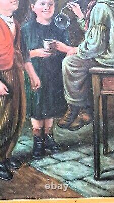 Oil painting on wood panel framed, scene of a group of 3 children