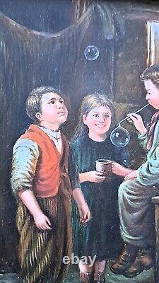 Oil painting on wood panel framed, scene of a group of 3 children