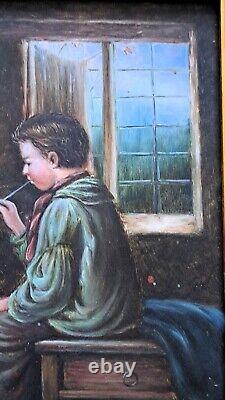 Oil painting on wood panel framed, scene of a group of 3 children