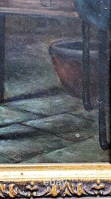 Oil painting on wood panel framed, scene of a group of 3 children