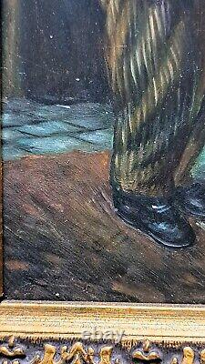 Oil painting on wood panel framed, scene of a group of 3 children