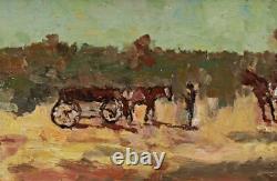 Oil painting on wood panel, landscape with horses, signed and framed