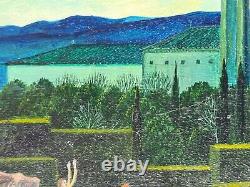 Oil painting on wood panel of a fantastic landscape with mountains and palace by Didier Richard