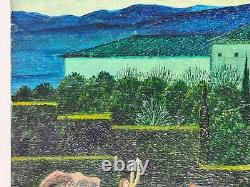 Oil painting on wood panel of a fantastic landscape with mountains and palace by Didier Richard