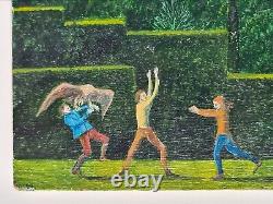 Oil painting on wood panel of a fantastic landscape with mountains and palace by Didier Richard