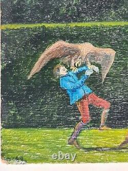 Oil painting on wood panel of a fantastic landscape with mountains and palace by Didier Richard