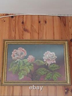 Oil painting on wood table with gold frame. Rose bouquet signed GP