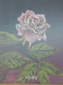 Oil painting on wood table with gold frame. Rose bouquet signed GP