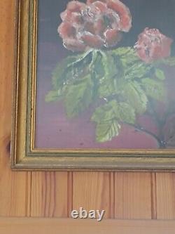 Oil painting on wood table with gold frame. Rose bouquet signed GP