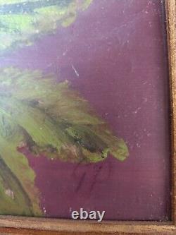 Oil painting on wood table with gold frame. Rose bouquet signed GP