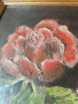 Oil painting on wood table with gold frame. Rose bouquet signed GP