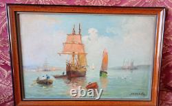 Oil painting on wood tableau of marine boats, fishing return