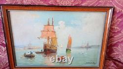 Oil painting on wood tableau of marine boats, fishing return